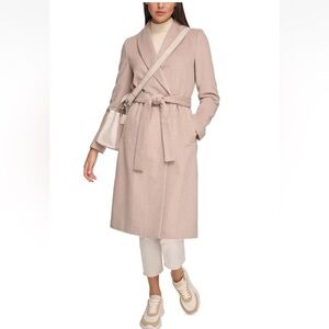 Calvin Klein Women's Tan Wool Blend Belted Wrap Coat Size XS
